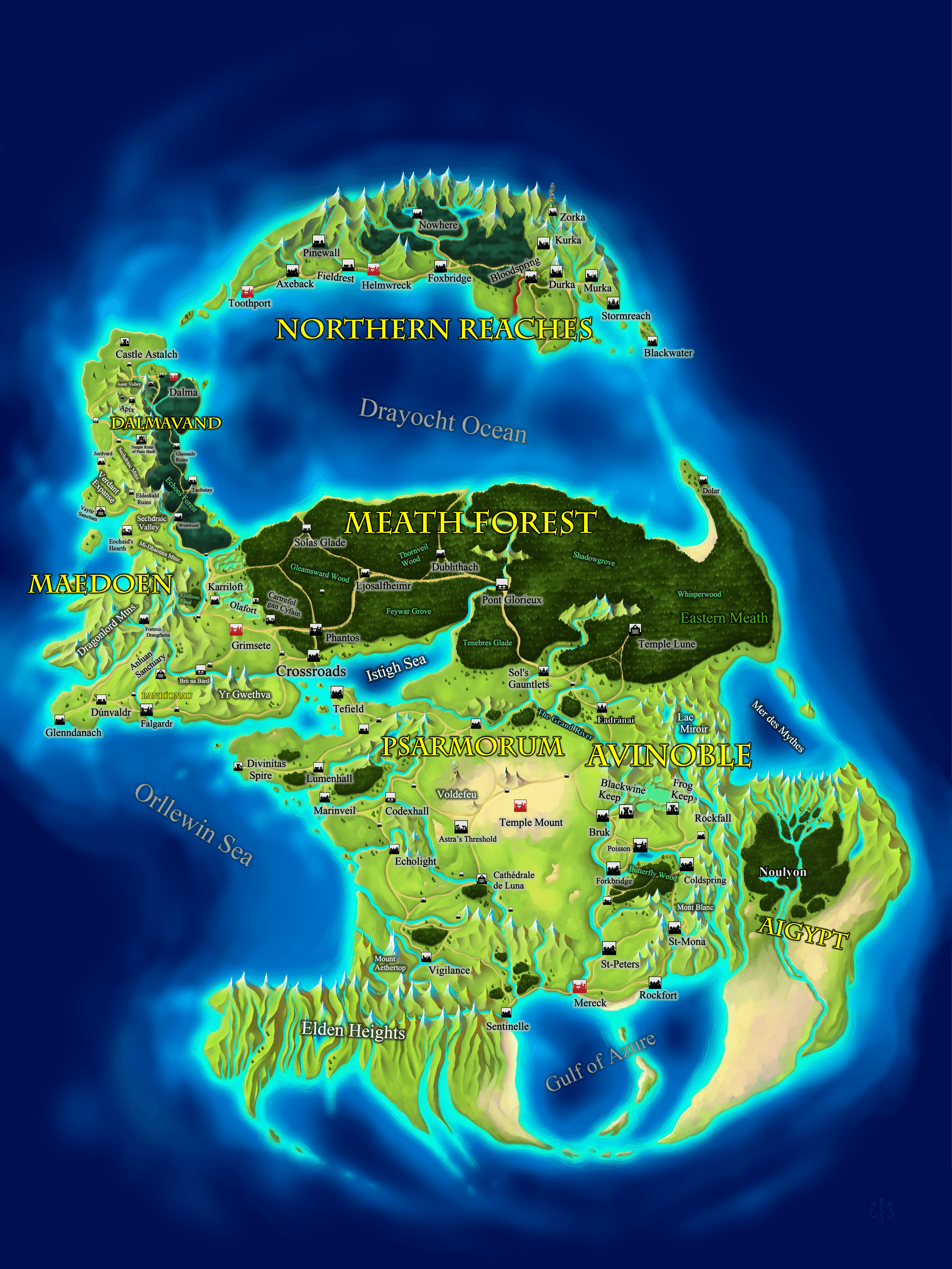 Map of the Eldritch Realms — showing Northern Reaches, Dalmavand, Maedoen, Meath Forest, Crossroads, Psarmorum, Avinoble, Aigypt, and surrounding seas